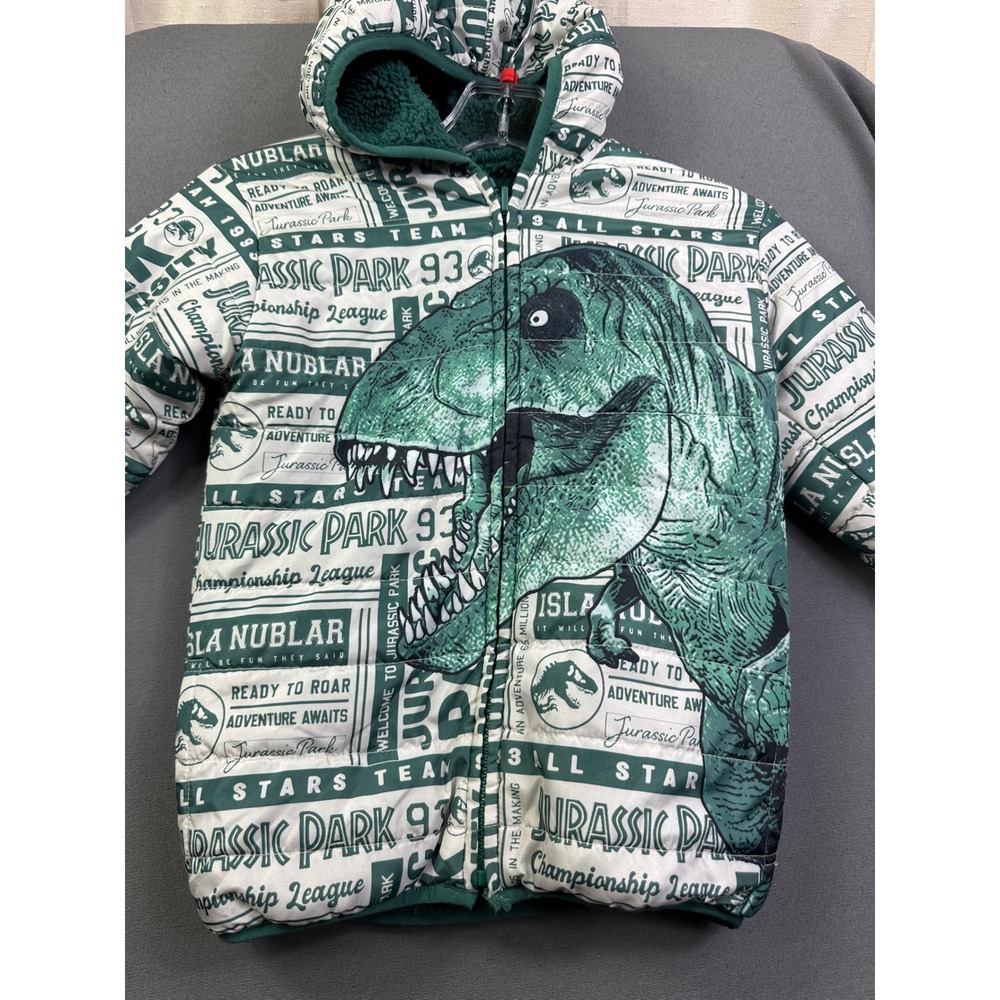 Jurassic Park Reversible Hooded Jacket Kids Green T-Rex Sherpa Fleece Puffer S